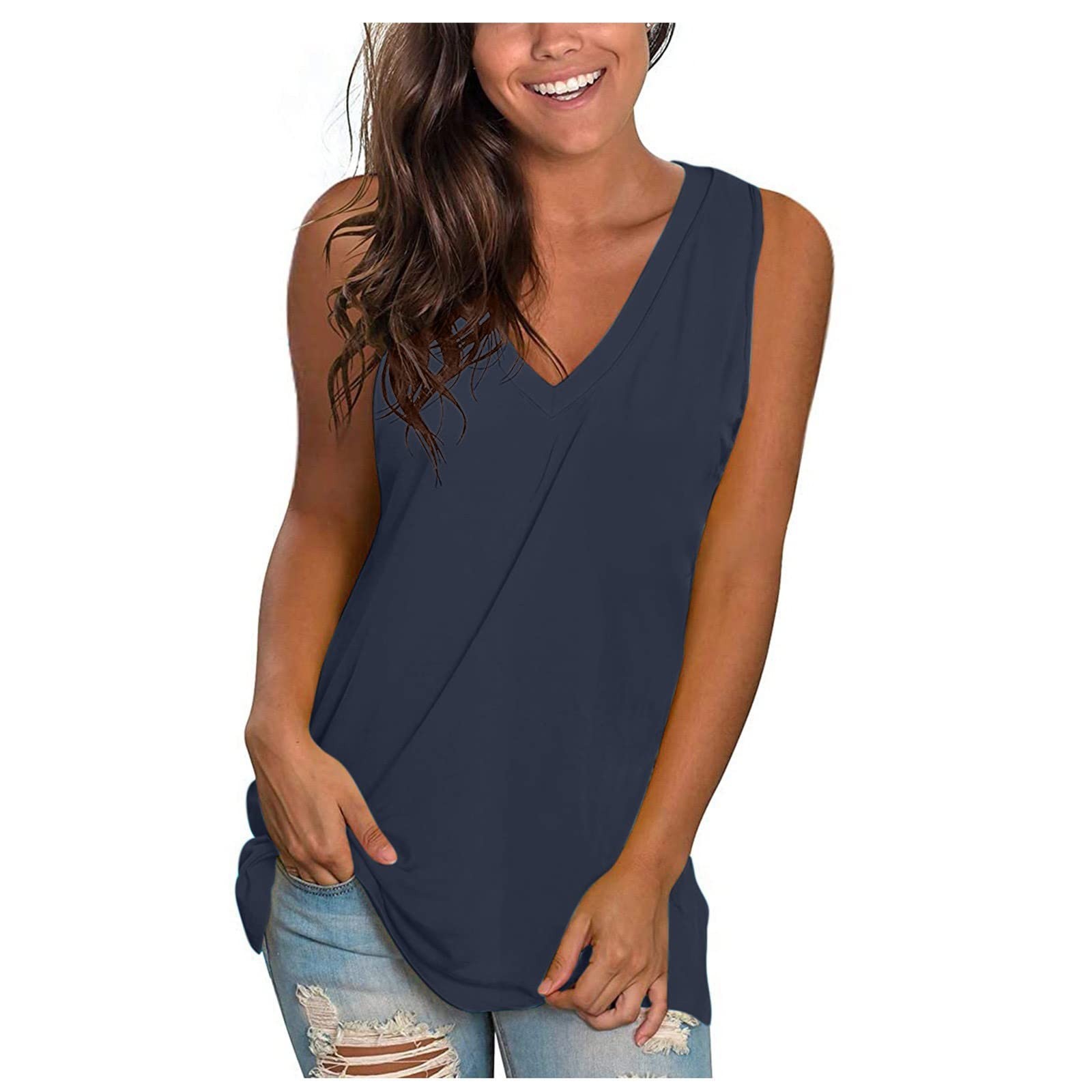 thumbnail image 2 of Camisa sin mangas con cuello en V para mujer para el verano: top informal oversize, poliéster/spandex, moda playera, tallas S-XXXXXL., 2 of 4